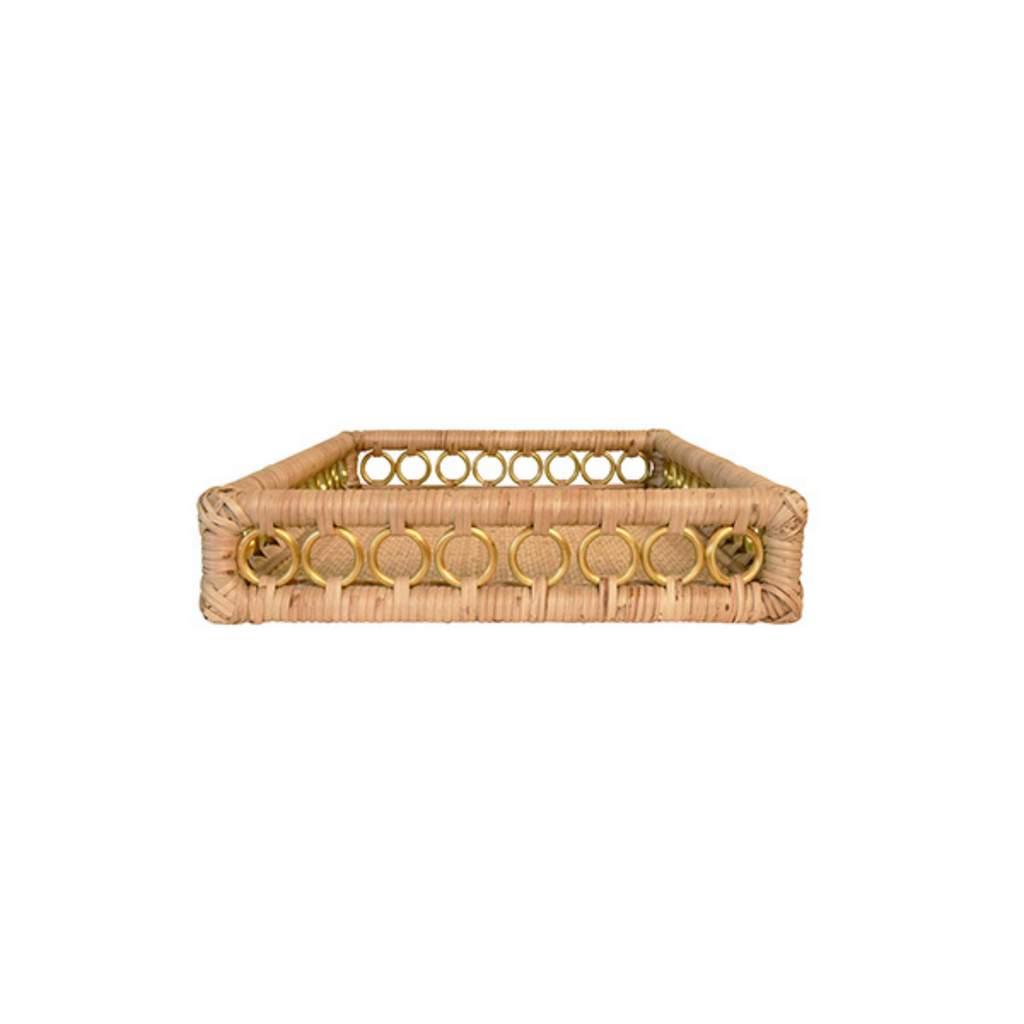 Natural Rattan Rectangular Decorative Tray with Brass Accents - The Well Appointed House 