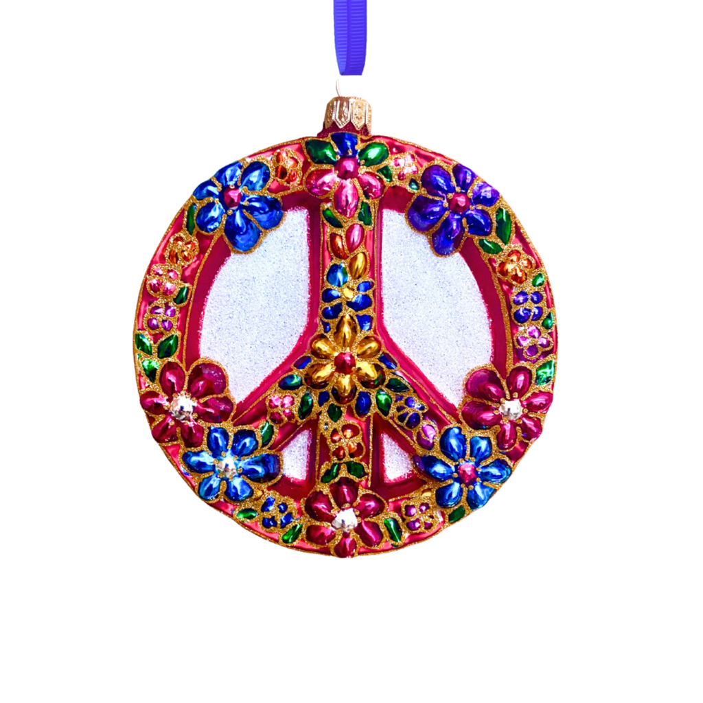 Floral Fetish Peace Sign Blown Glass Christmas Ornament - The Well Appointed House