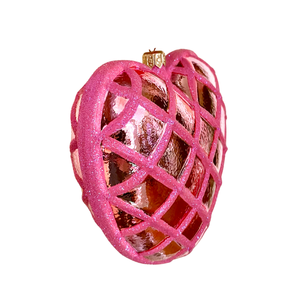 Pink Waffle Heart Blown Glass Christmas Ornament- The Well Appointed House