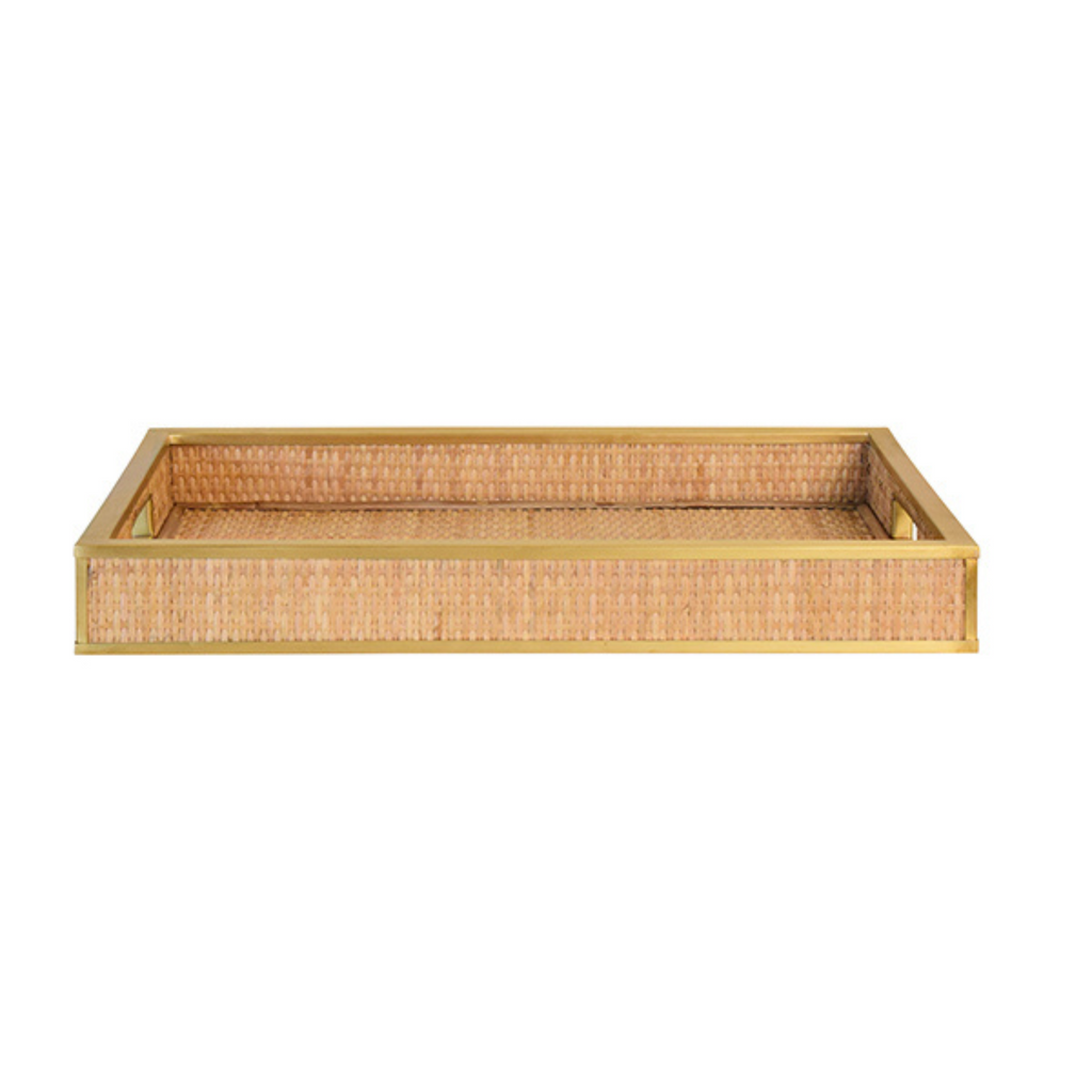 Rectangular Natural Wicker Decorative Tray with Brass Edge - The Well Appointed House 