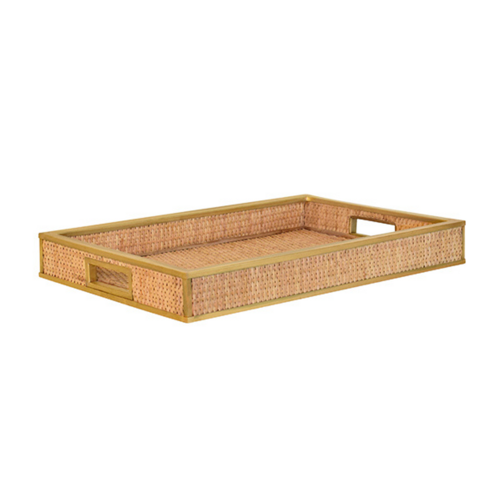 Rectangular Natural Wicker Decorative Tray with Brass Edge - The Well Appointed House 