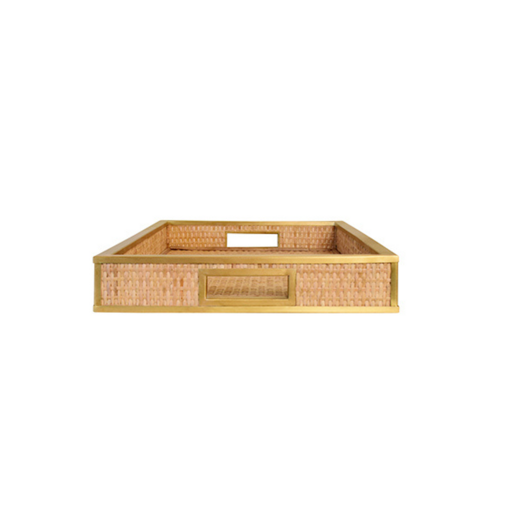 Rectangular Natural Wicker Decorative Tray with Brass Edge - The Well Appointed House 