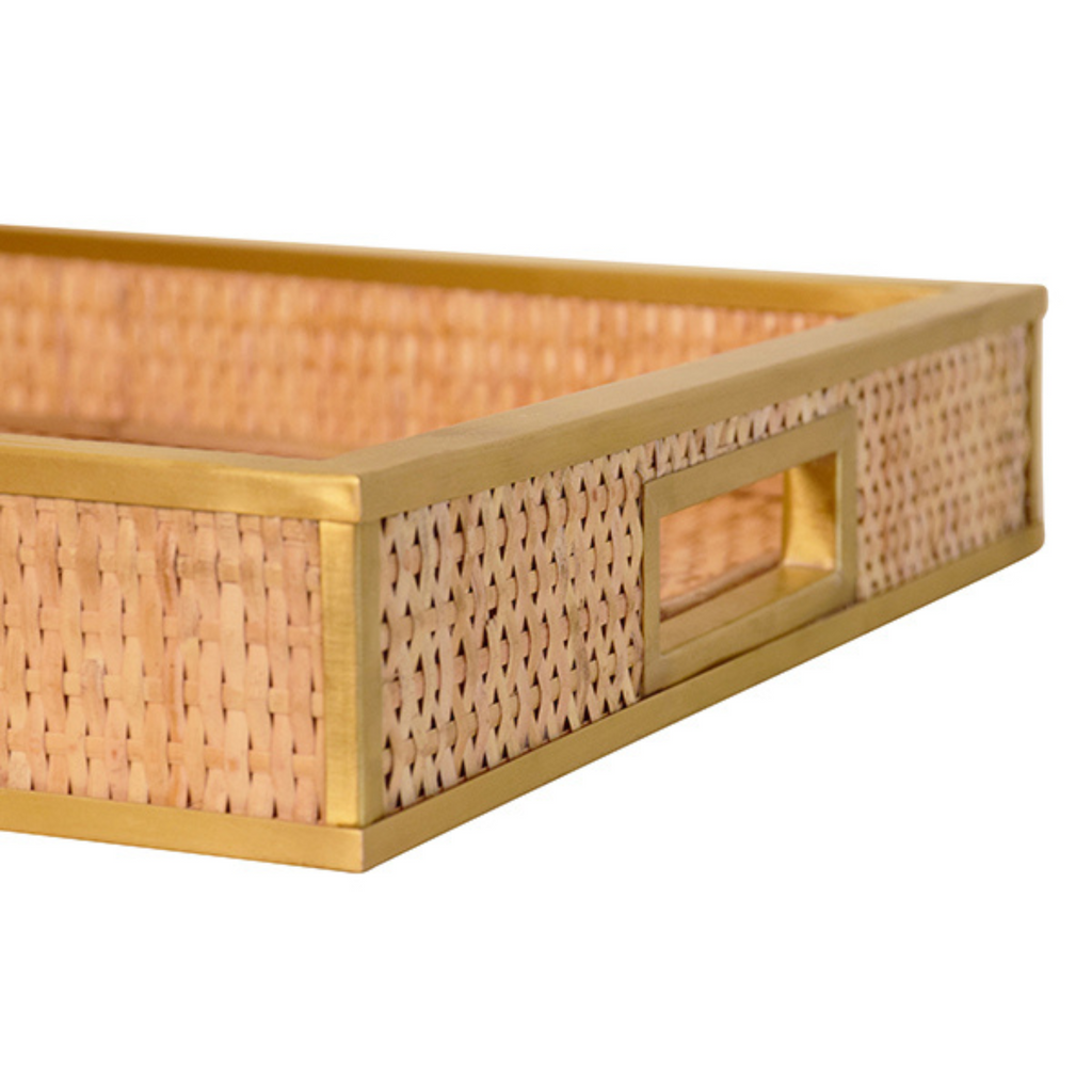 Rectangular Natural Wicker Decorative Tray with Brass Edge - The Well Appointed House 