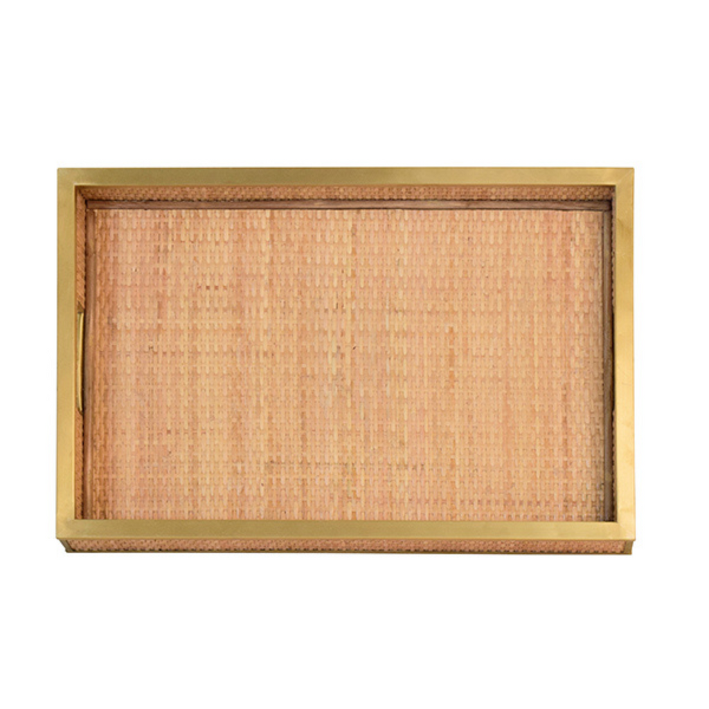 Rectangular Natural Wicker Decorative Tray with Brass Edge - The Well Appointed House 