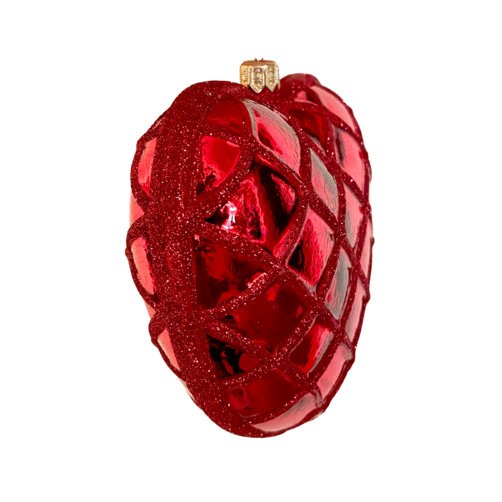 Red Waffle Heart Blown Glass Christmas Ornament- The Well Appointed House