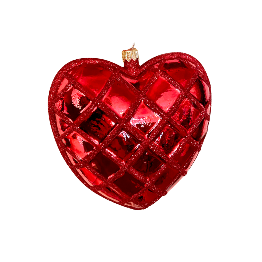 Red Waffle Heart Blown Glass Christmas Ornament- The Well Appointed House