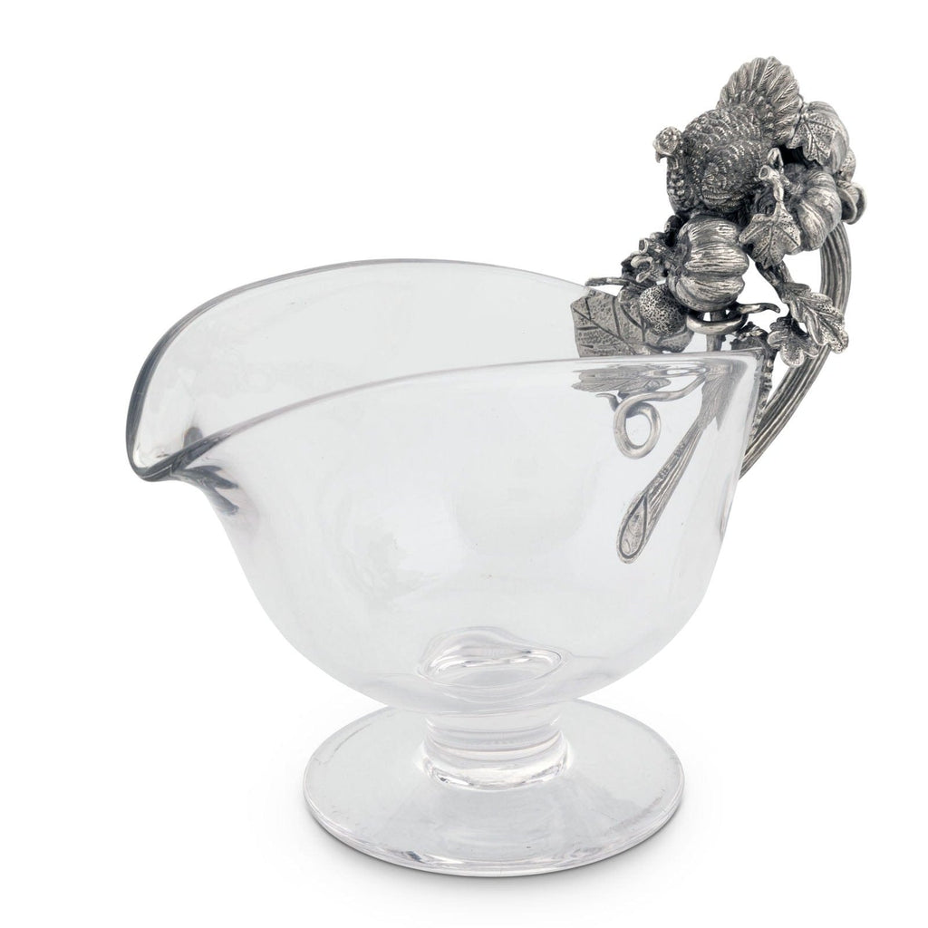 Hand Blown Glass Gravy Boat Pewter Harvest Turkey - The Well Appointed House