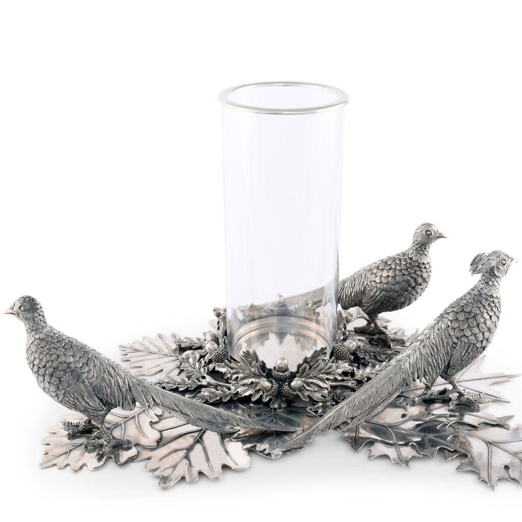 Pewter Pheasants Pillar Hurricane Centerpiece - The Well Appointed House