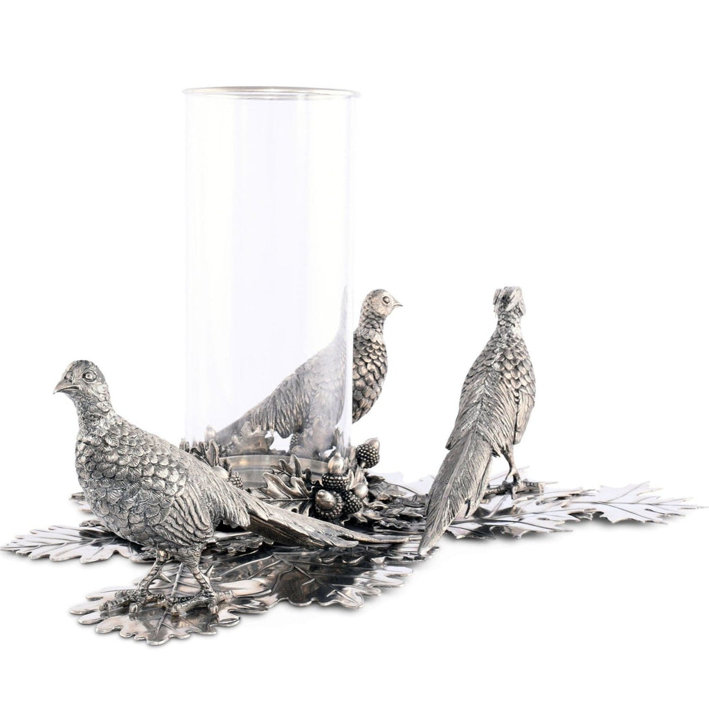 Pewter Pheasants Pillar Hurricane Centerpiece - The Well Appointed House