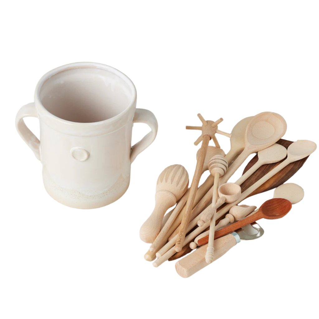 Small White Handthrown Crock and Utensil Set - The Well Appointed House