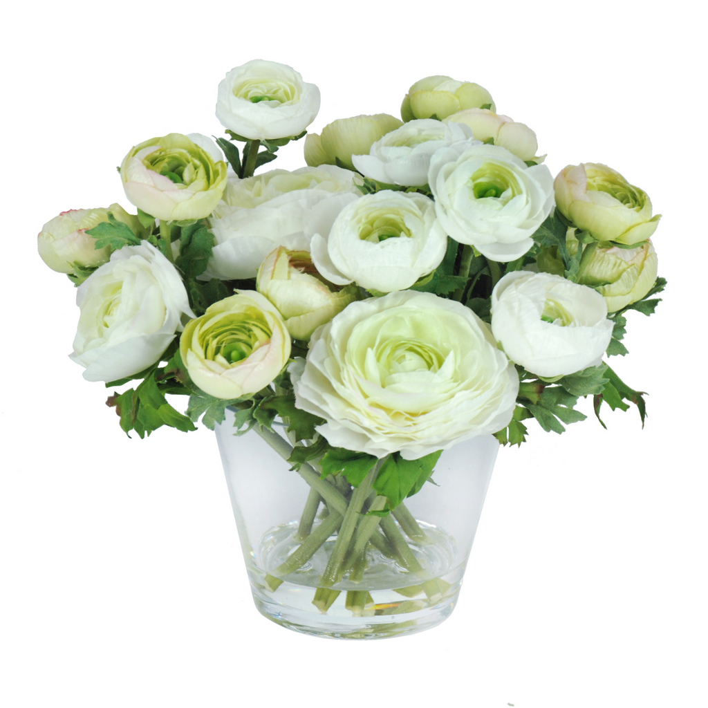 White Ranunculus in Clear Glass Container - The Well Appointed House 