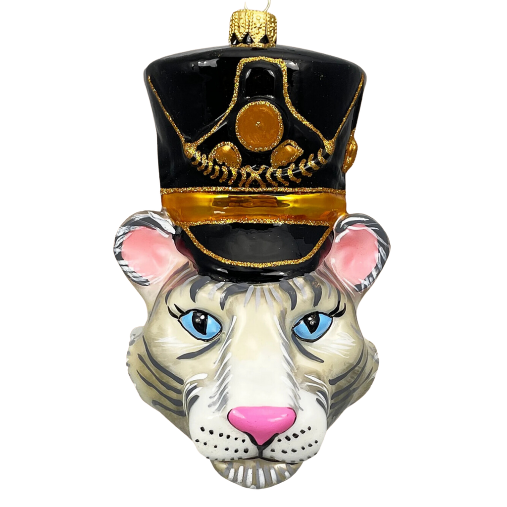 White Tiger Head Blown Glass Christmas Ornament - The Well Appointed House