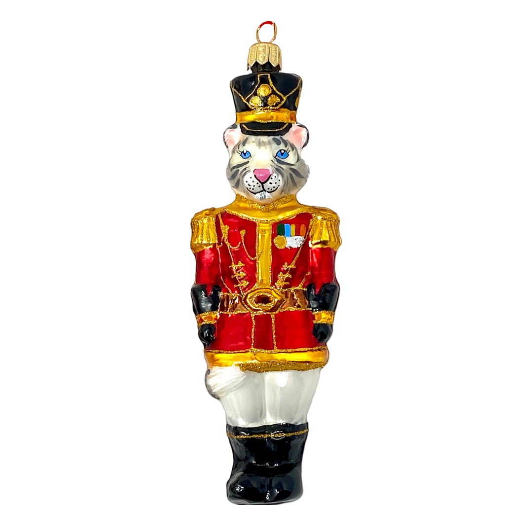 White Tiger Nutcracker Blown Glass Christmas Ornament - The Well Appointed House